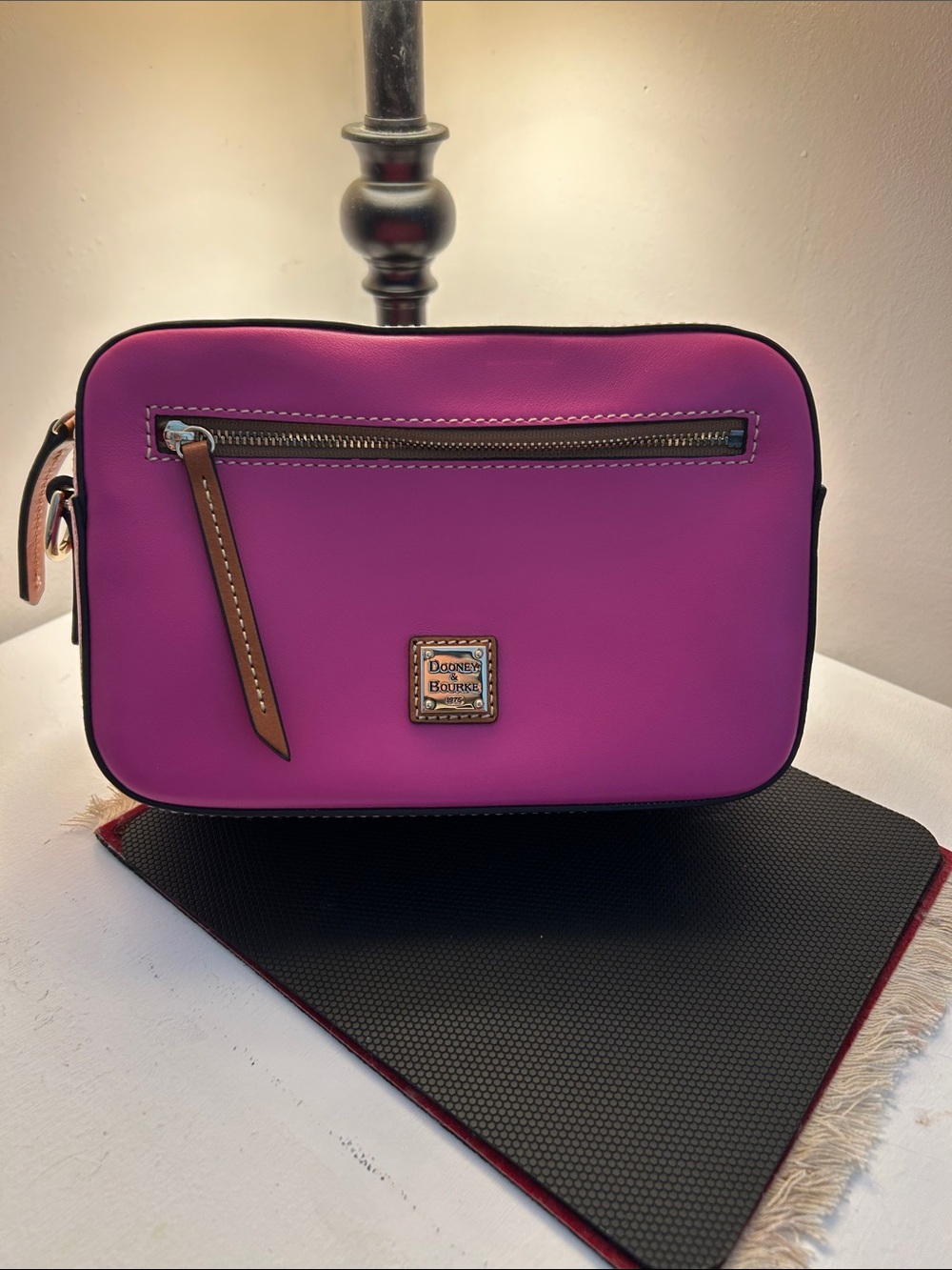 Dooney & Bourke Bright Pink Crossbody Camera Bag with Tan Trim